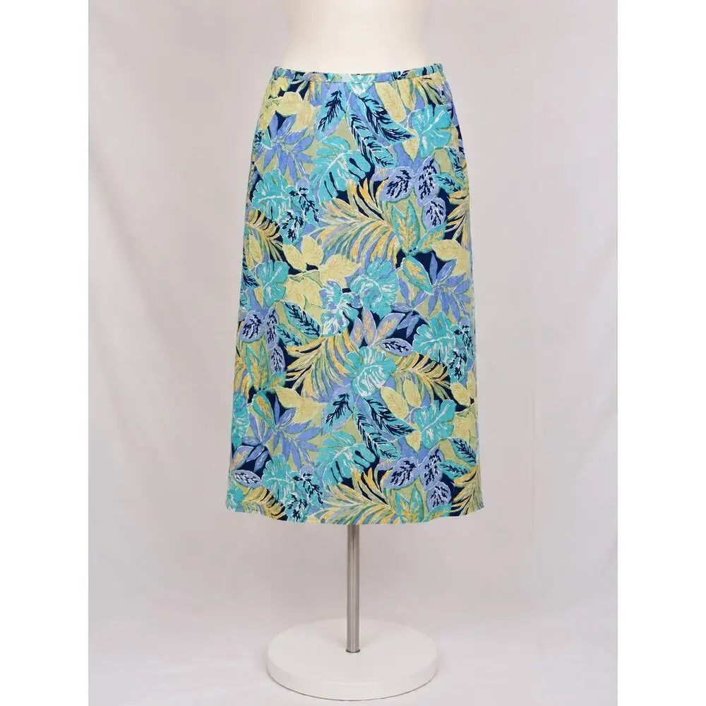 Talbots Tropical Print Linen Blend Maxi Skirt Women's Size 12 Blue Pockets